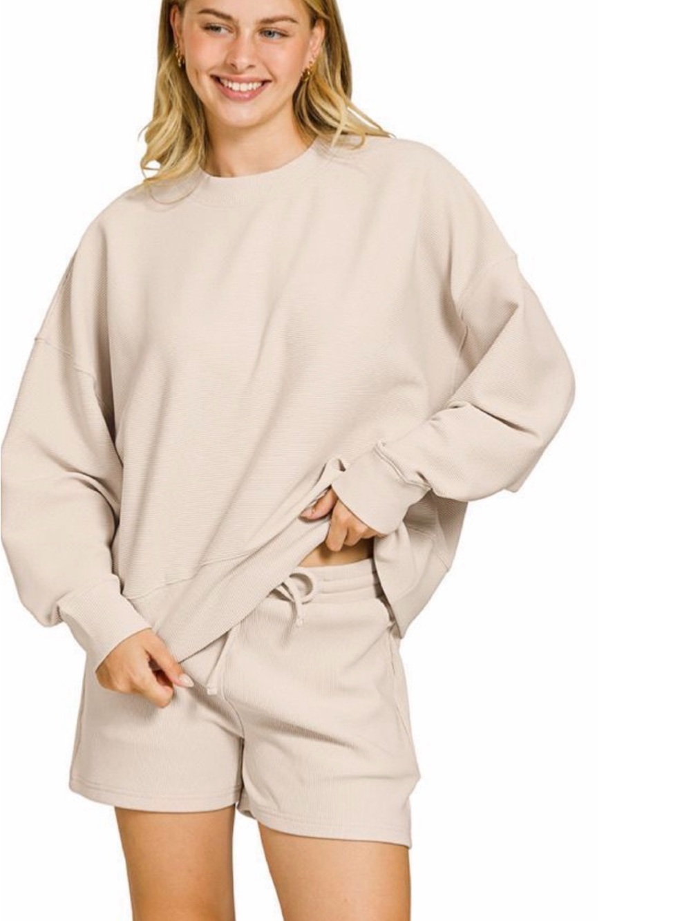 Zenana Outfitters Cream Ribbed Athletic Lounge Set. Top and shorts both included